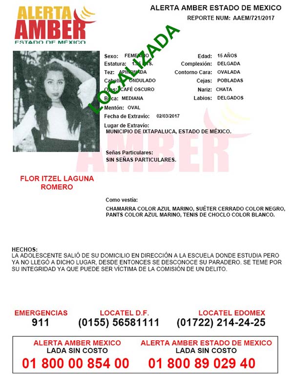 Informa Fiscalía General la localización de una adolescente reportada como desaparecida en el Edoméx.
