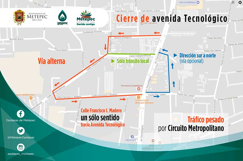 Cierran el viernes Avenida Tecnológico por obra hidráulica en Metepec