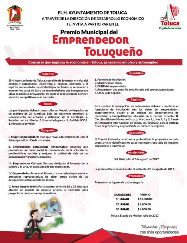 Convoca Toluca a Premio Municipal del Emprendedor