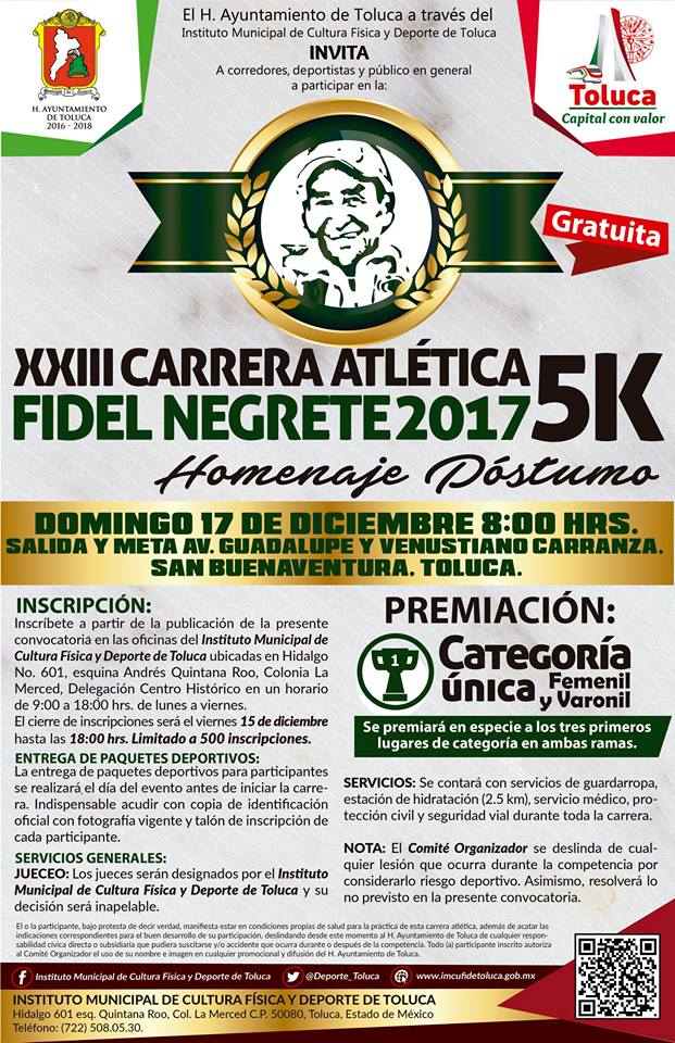 Invita Toluca a la XXIII Carrera Atlética Fidel Negrete 5K