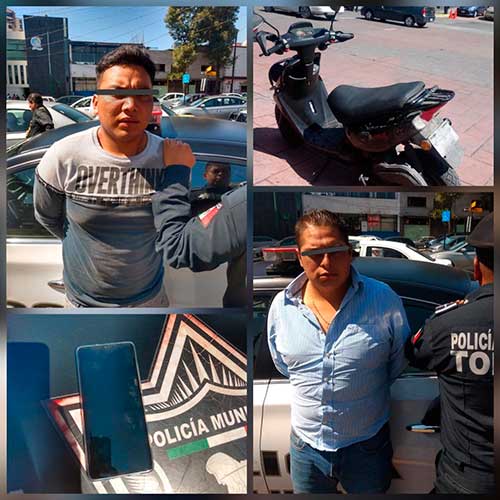 Policias detienen, en el Centro de Toluca, a dos asaltantes a bordo de motoneta