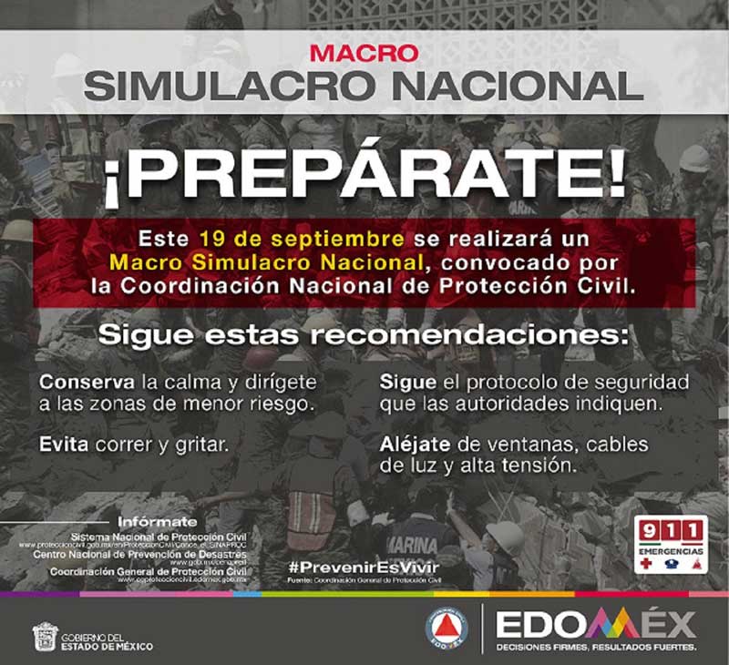 En macro simulacro del 19S de mañana se activarán alertas sísmicas en municipios del Edoméx