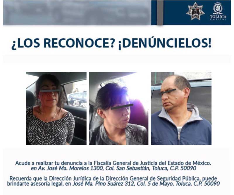 Capturan a dos mujeres y un hombre que daban cristalazos en Toluca
