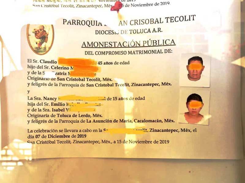 Arquidiócesis de Toluca cancela boda entre un hombre de 45 años y una menor de 15