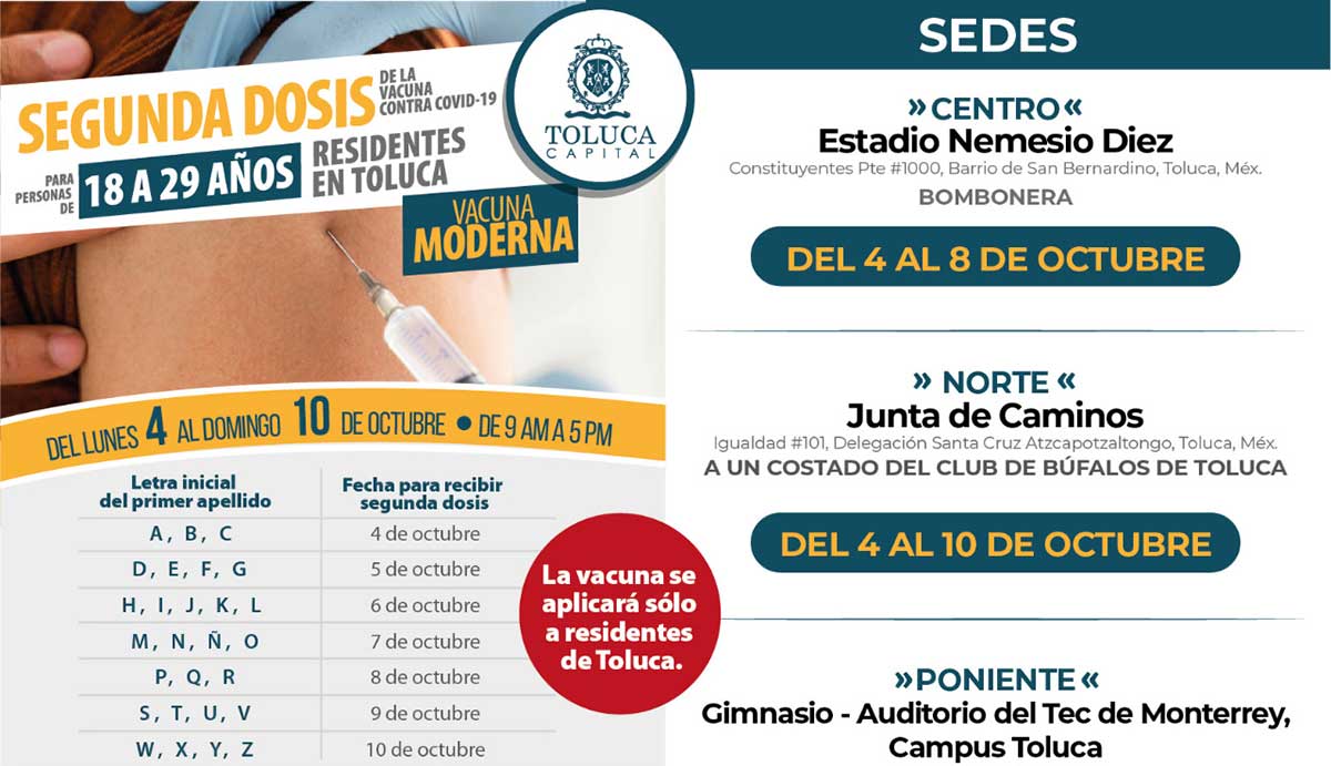 Aplicarán segunda dosis de vacuna a jóvenes de 18 a 29 años en Toluca