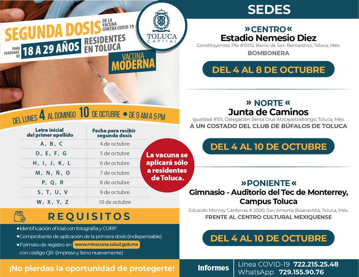 Aplicarán segunda dosis de vacuna a jóvenes de 18 a 29 años en Toluca