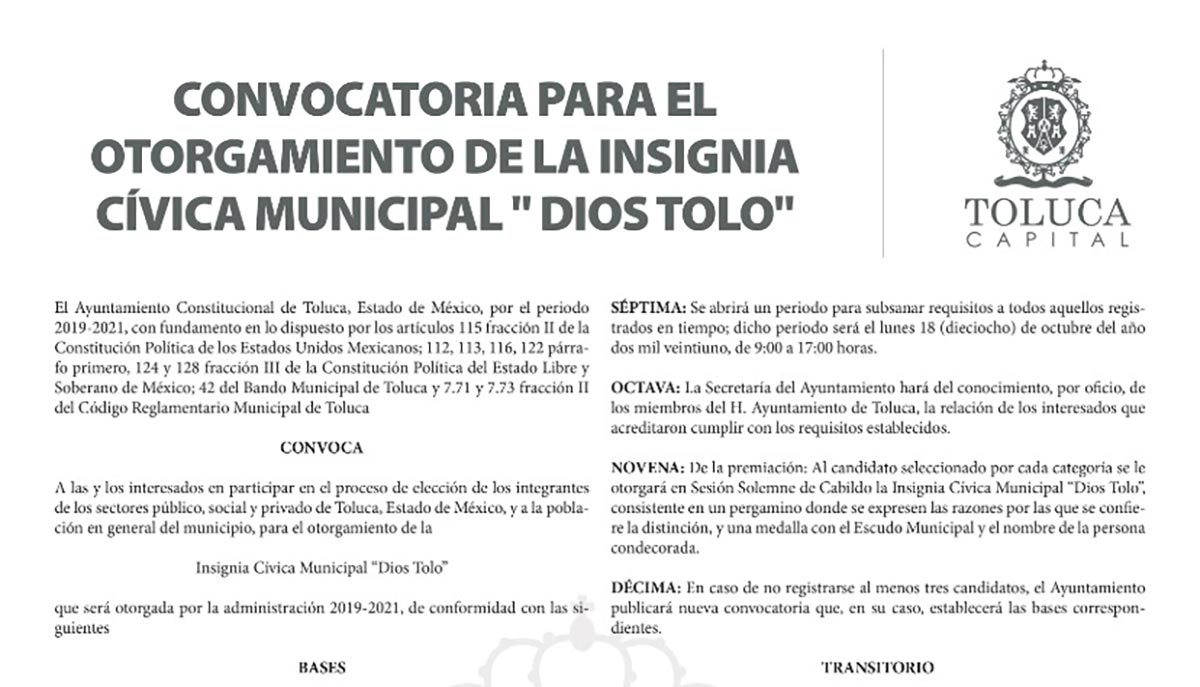 Abre Toluca convocatoria para otorgar Insignia Cívica Municipal “Dios Tolo”