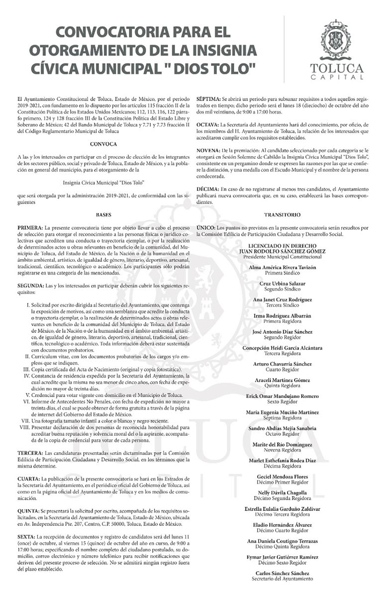 Abre Toluca convocatoria para otorgar Insignia Cívica Municipal “Dios Tolo”