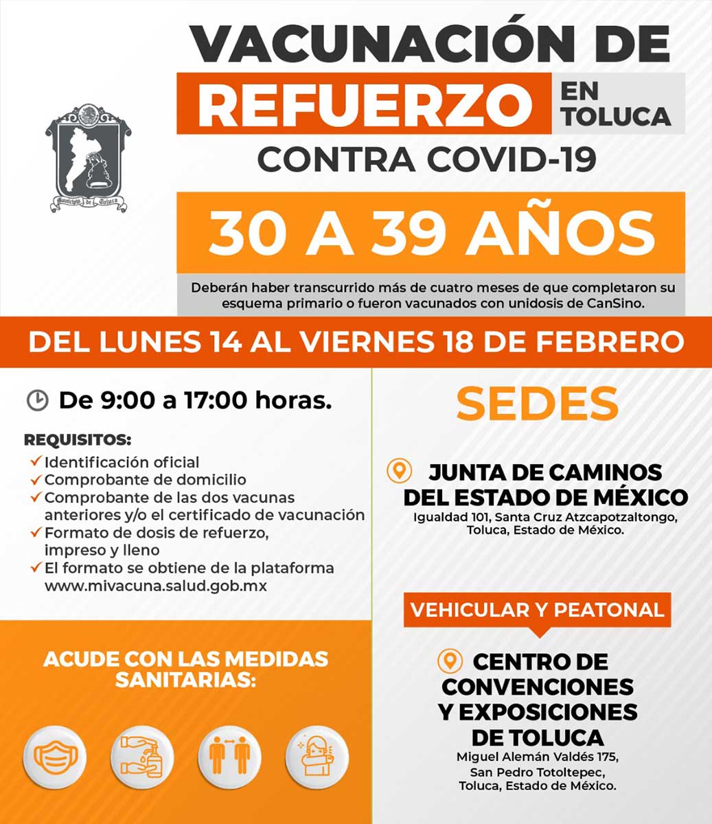 Inicia Toluca vacunación de refuerzo Covid para personas de 30 a 39 años