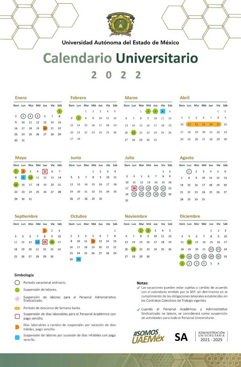 Calendario Universitario de días feriados durante el 2022 para la UAEMéx
