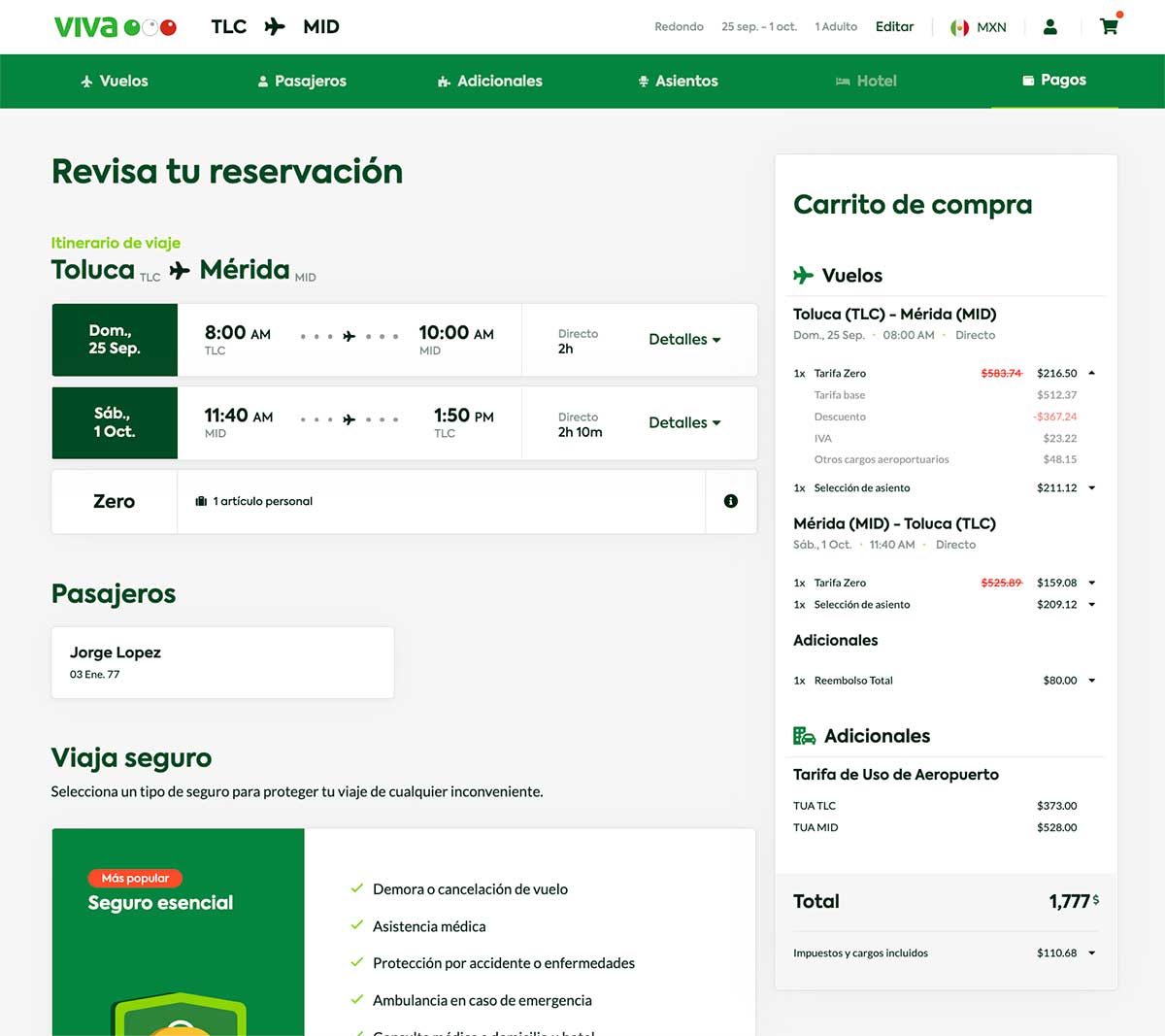 Tabulador de costo para un vuelo a Mérida desde el aeropuerto de Toluca