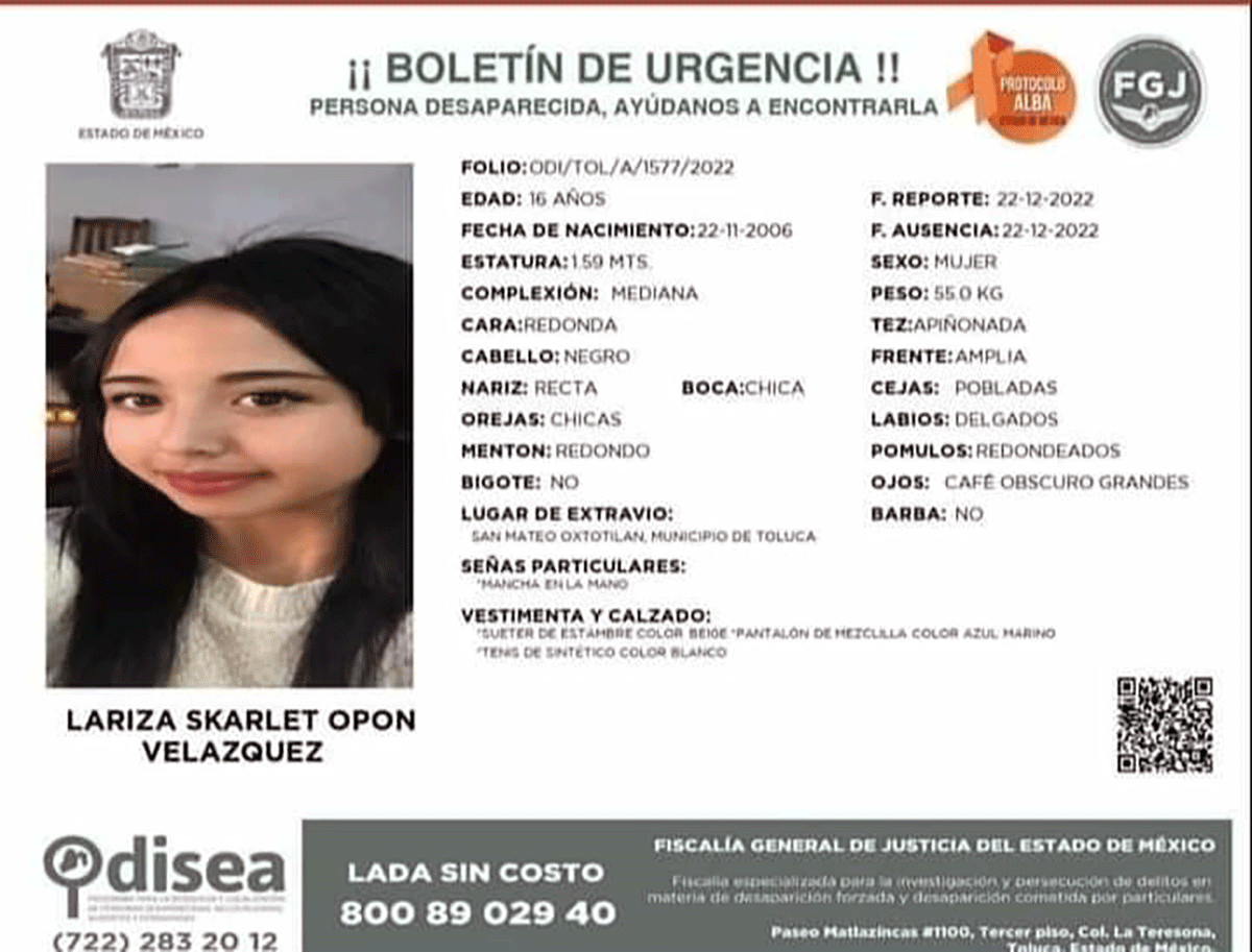 Lariza Skarlet, adolescente desaparecida en Toluca 