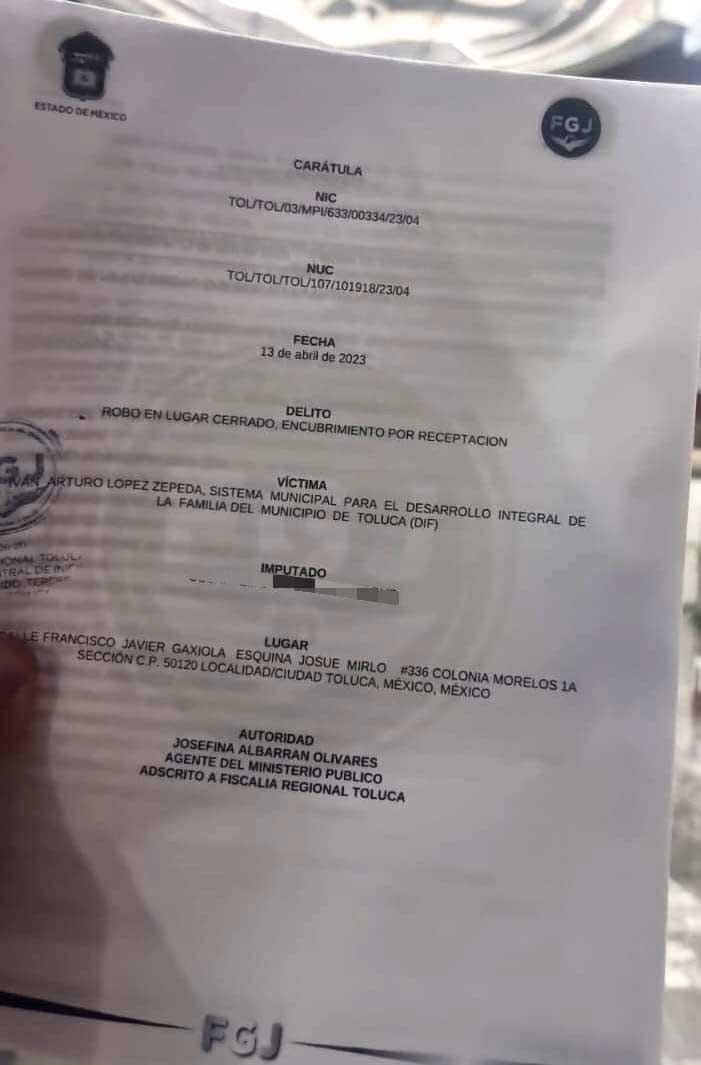 Carátula de la averiguación previa que origina la detención del suegro del alcalde de Toluca