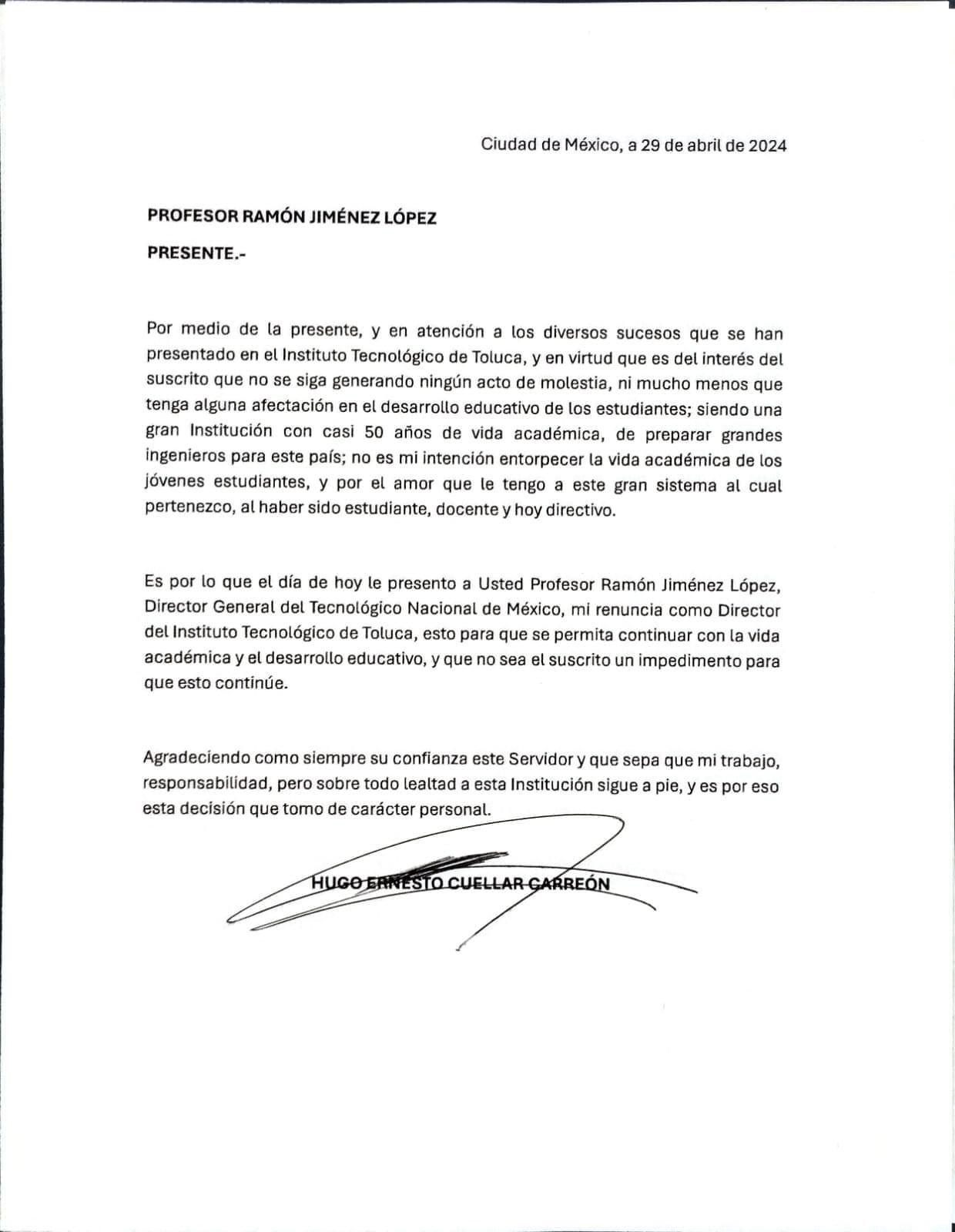 Renuncia del Director del Instituto Tecnológico de Toluca