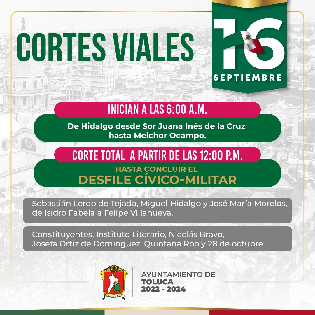 cierres viales por fiestas patrias en Toluca