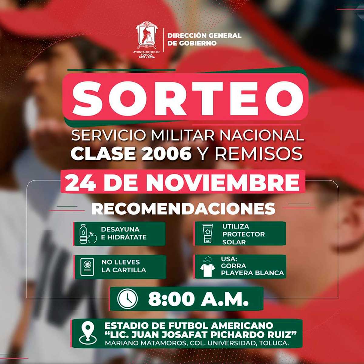 Aviso del Sorteo a jóvenes de Toluca para realizar el trámite del Servicio Militar.