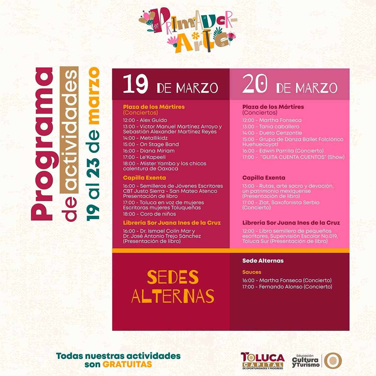 Cartelera del Festival Primaverarte en Toluca.
