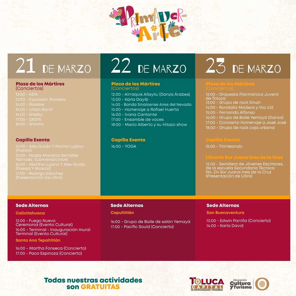 Cartelera del Festival PrimaverArte en Toluca.