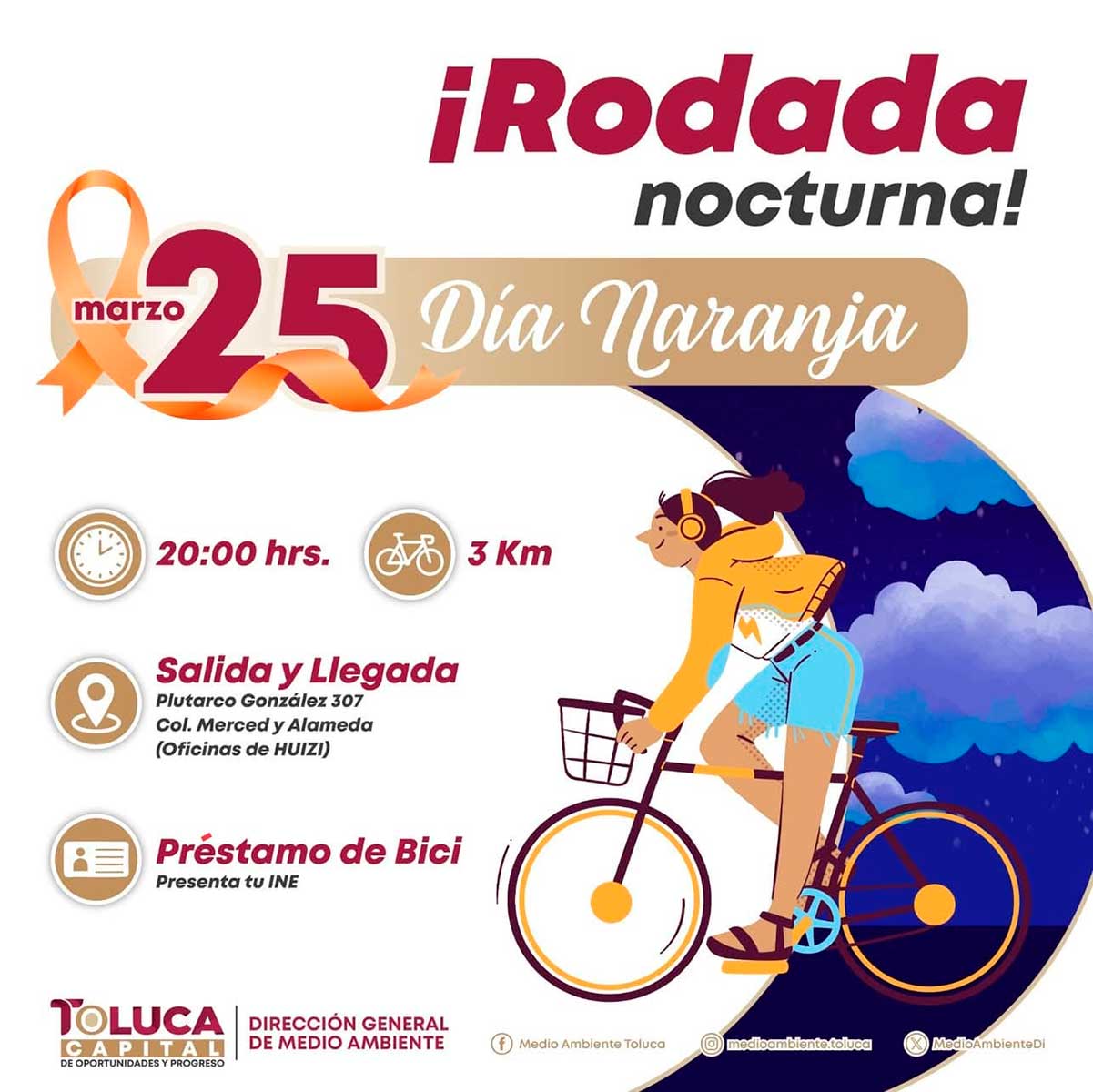 Toluca invita a la Rodada Nocturna Día Naranja.