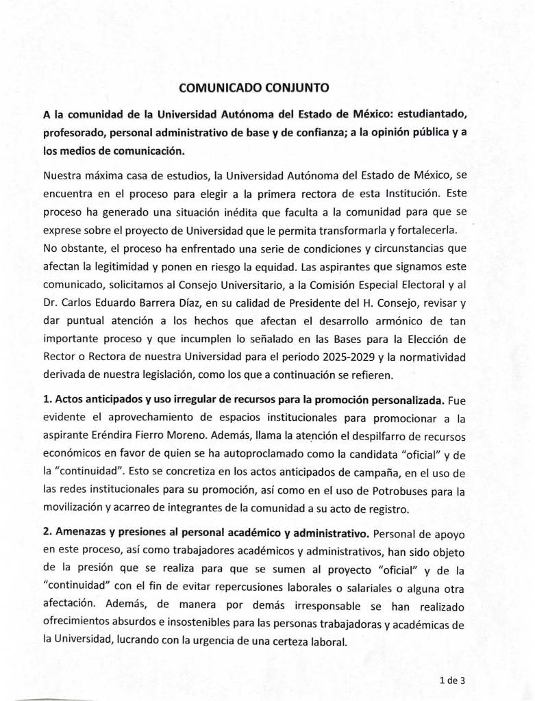 Comunicado conjunto de las aspirantes a rectoras de la uaemex