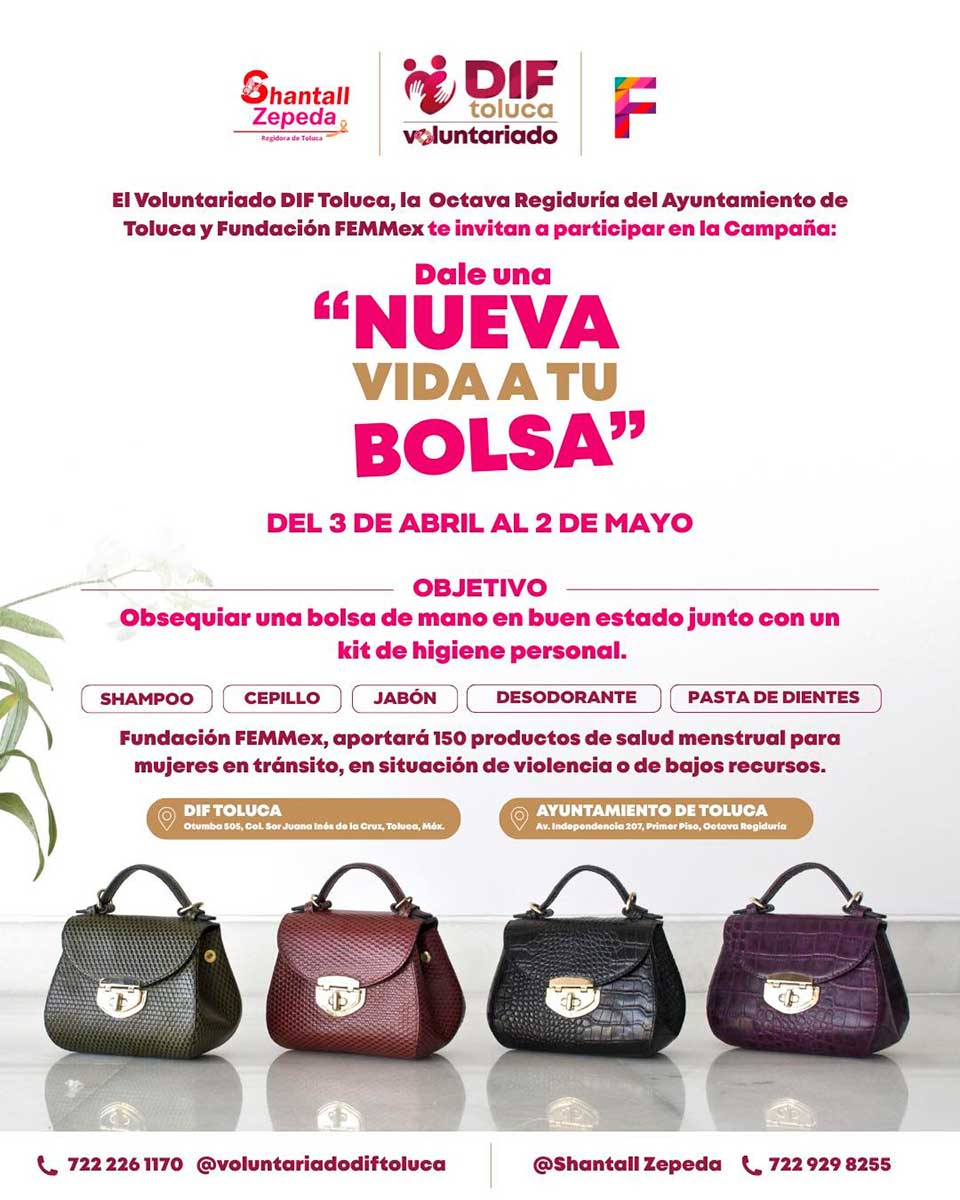 DIF Toluca invita a donar bolsas de mano para mujeres vulnerables.