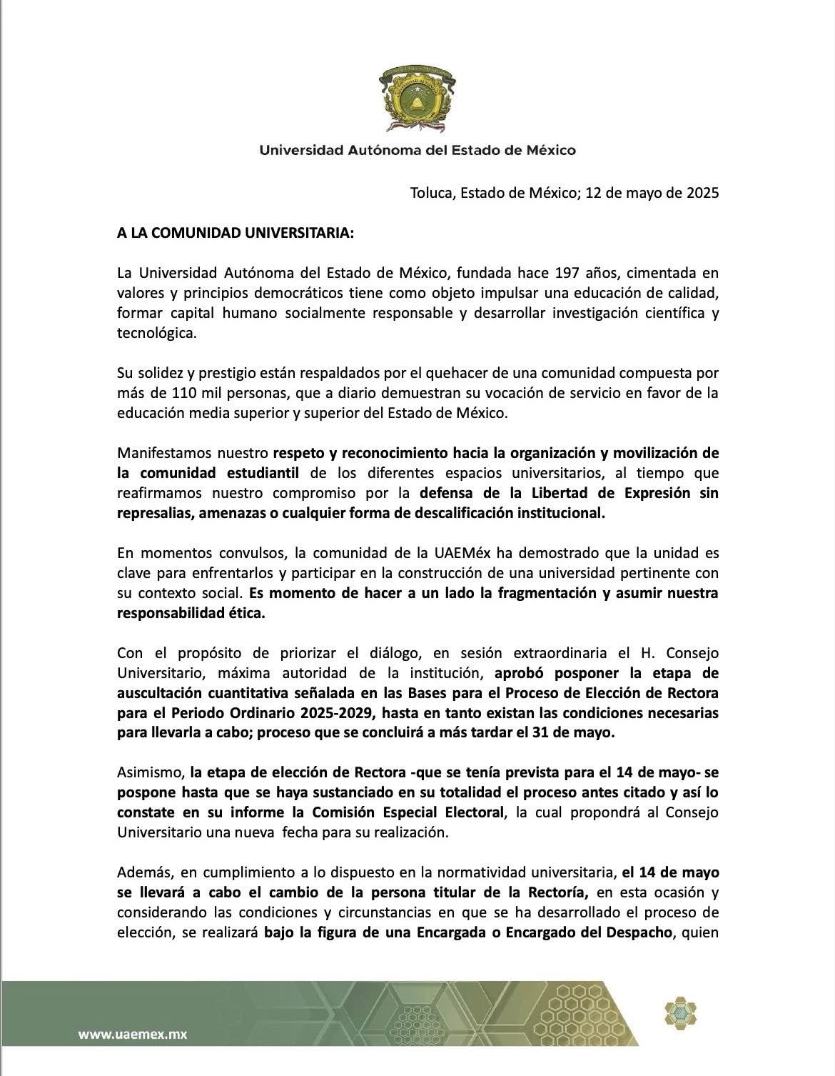 La UAEMex anunicó que habrá cambio de titular de Rectoría bajo la figura de rectora o rector sustituto