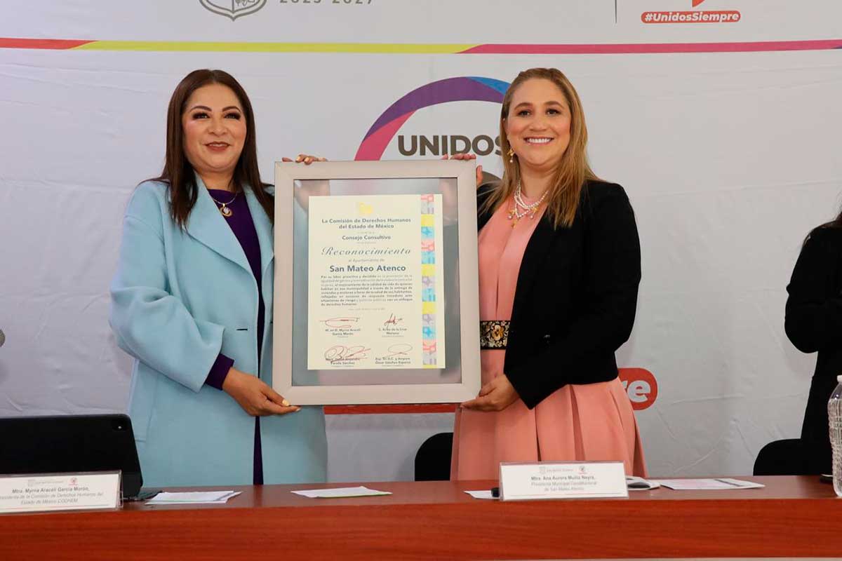 San Mateo Atenco recibe reconocimiento de la Codhem por su compromiso con la igualdad de género y los derechos humanos