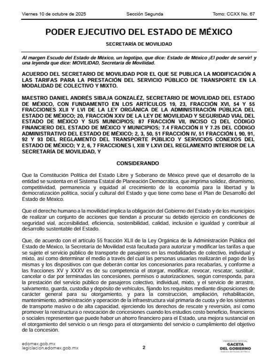 Incremento en la tarifa al transporte público a partir del 15 de octubre.