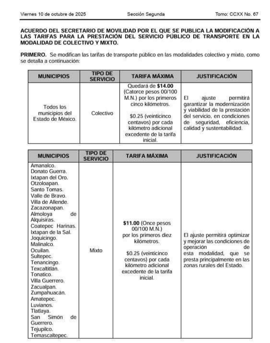 Incremento en la tarifa al transporte público a partir del 15 de octubre.