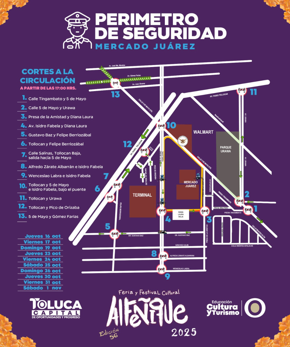 Infografía del gobierno de Toluca sobre cierres viales durante eventos del Alfeñique 2025.