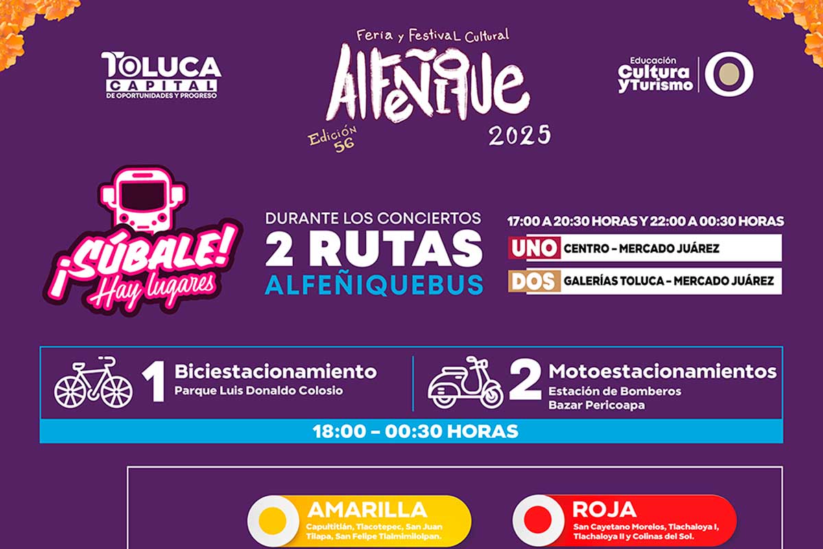 Infografía de la movilidad ofrecida por Toluca durante las actividades culturales de la Feria del Alfeñique 2025.