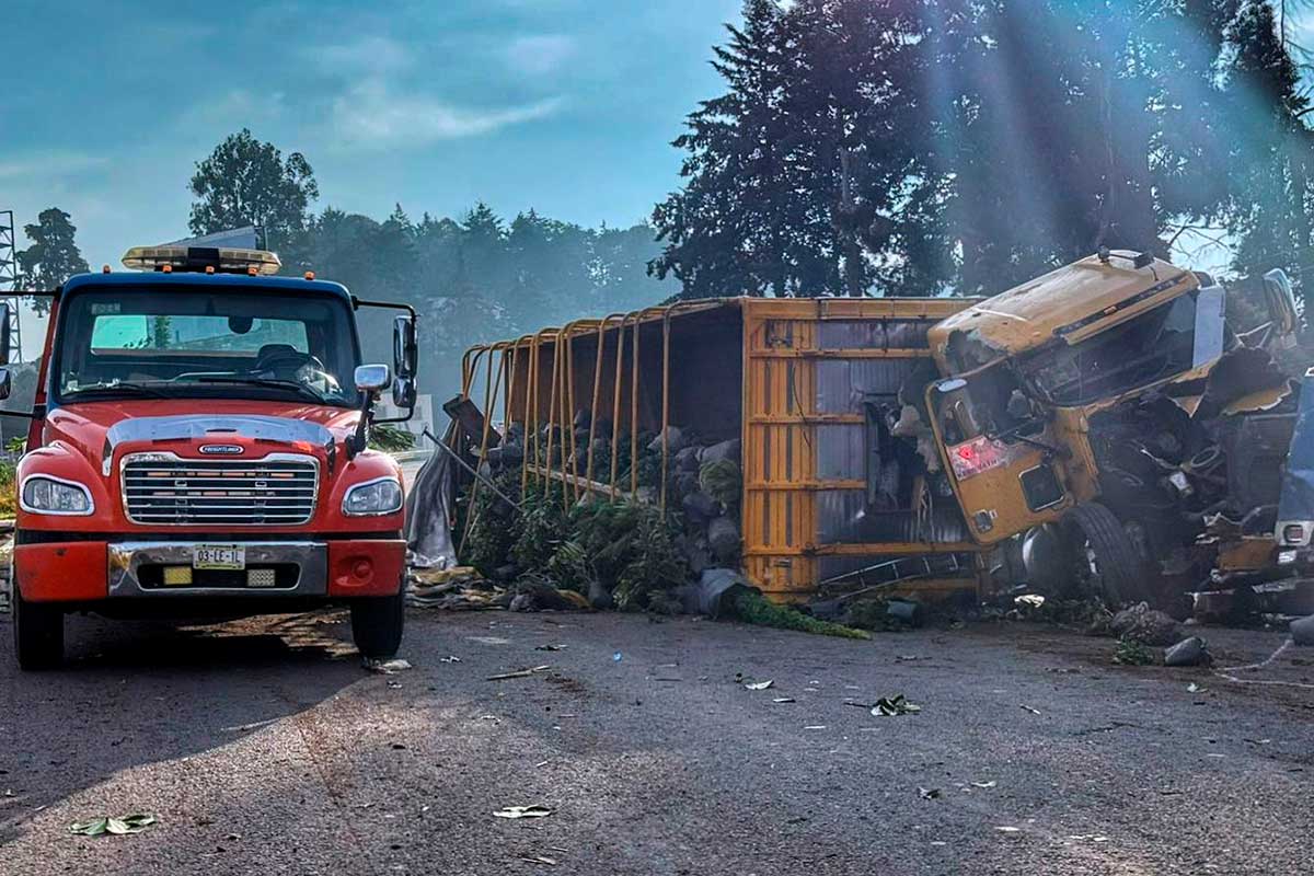 Camión con macetas vuelca en la México - Toluca a la altura de Lerma.