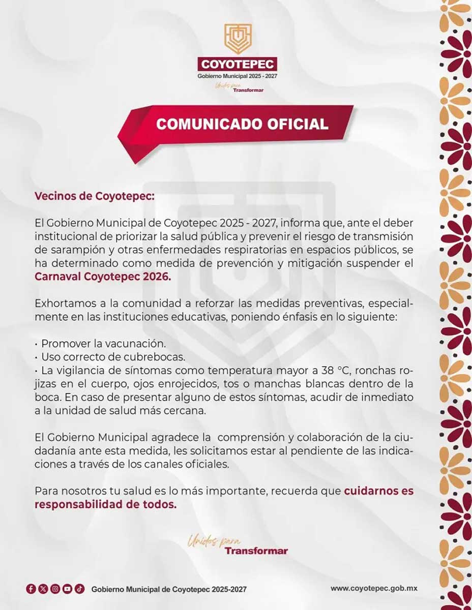 Autoridades cancelan el Carnaval de Coyotepec 2026.