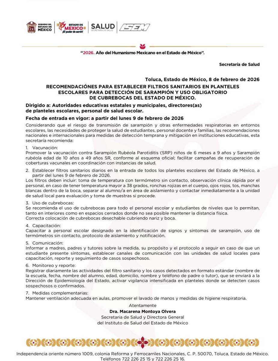 Secretaria de Salud del Edoméx lanza alerta sobre contagios de sarampión y pide uso obligatoriode cubrebocas en escuelas de la entidad.