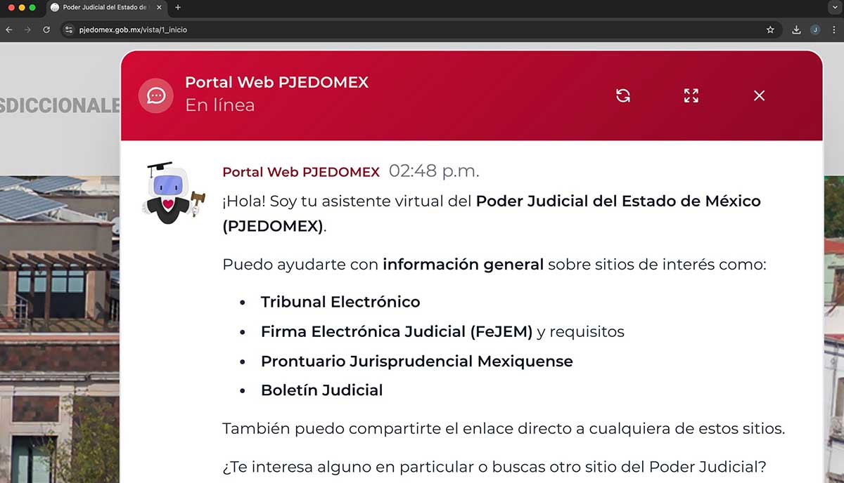 Asistente virtual del Poder Judicial Justibot.