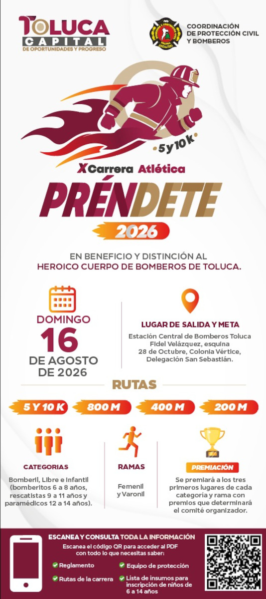 anuncian carrera atlética préndete donde correrán bomberos de Toluca.