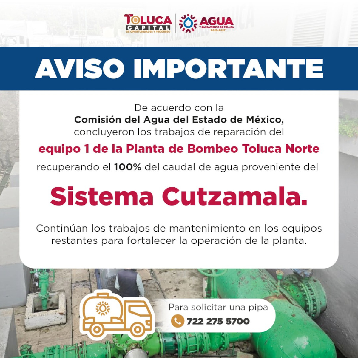 Toluca anuncia que se normaliza el suministro de agua del Cutzamala.