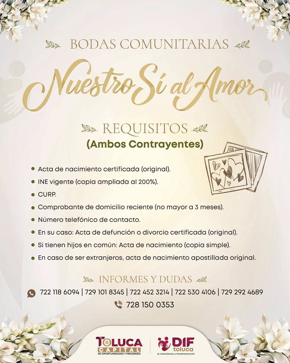 Dif Toluca invita a jornada gratuita de bodas comunitarias.